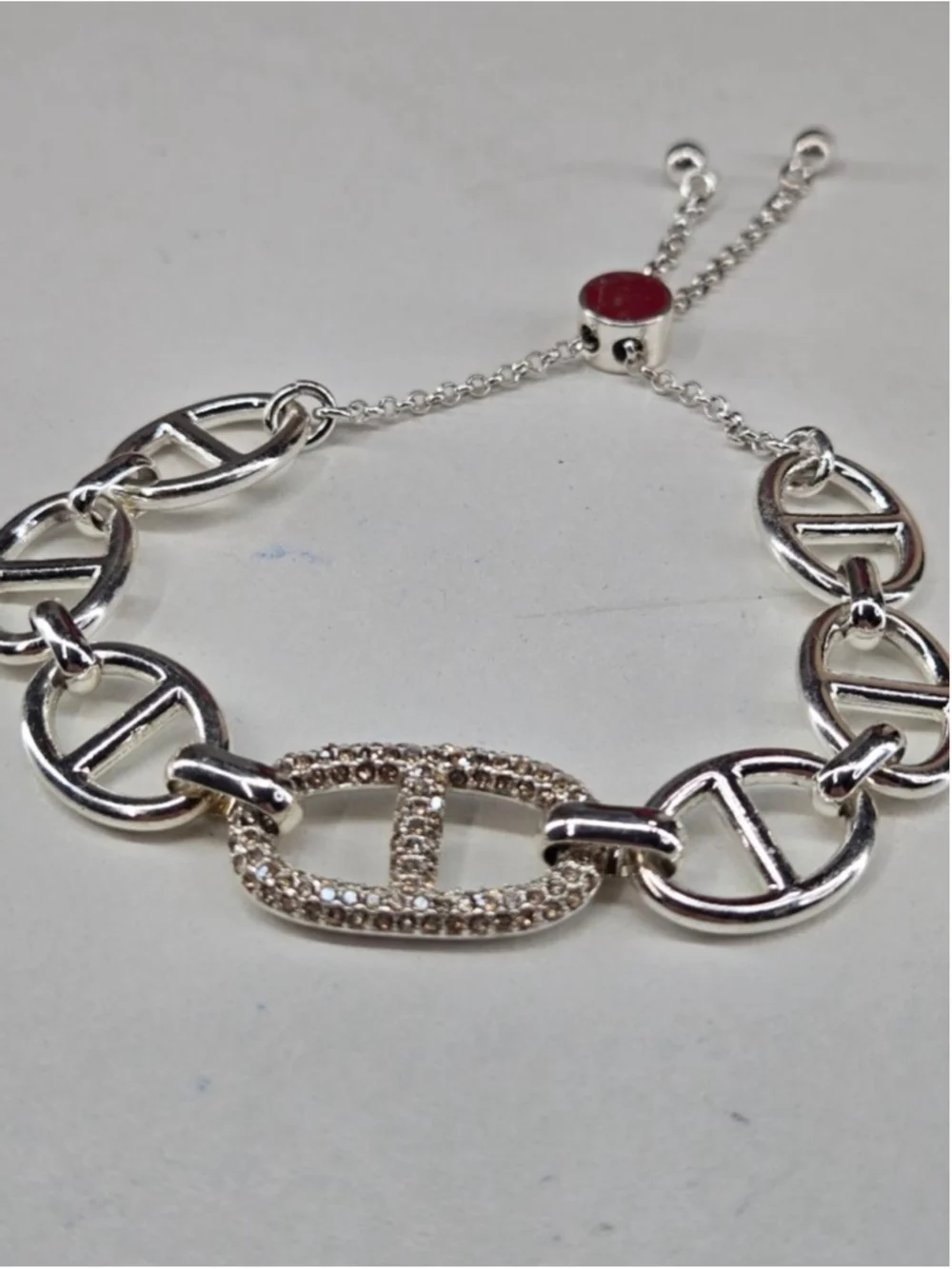 Bomb Party Bracelet Mariner Link CZ Crystal Accent Adjustable Silvertone Chain